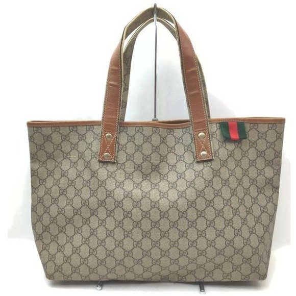 Gucci Logo Striped Leather Canvas Tote Bag Red White Blue